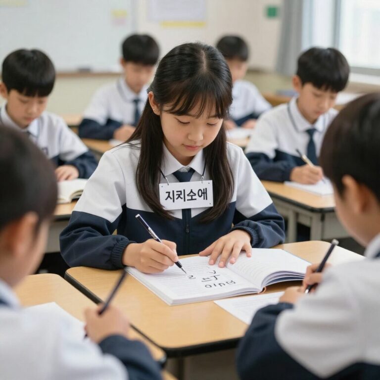 교실에서 학생들이 만든 자기소개 북아트와 이름표를 보며 웃고 있는 모습