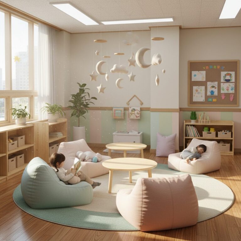 파스텔톤 모빌이 매달린 아늑한 유아교실 휴식공간