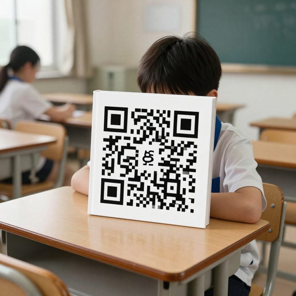 학급 환경 구성과 디지털 도구 활용 실제 교실 책상에 QR 코드가 붙어 있는 모습