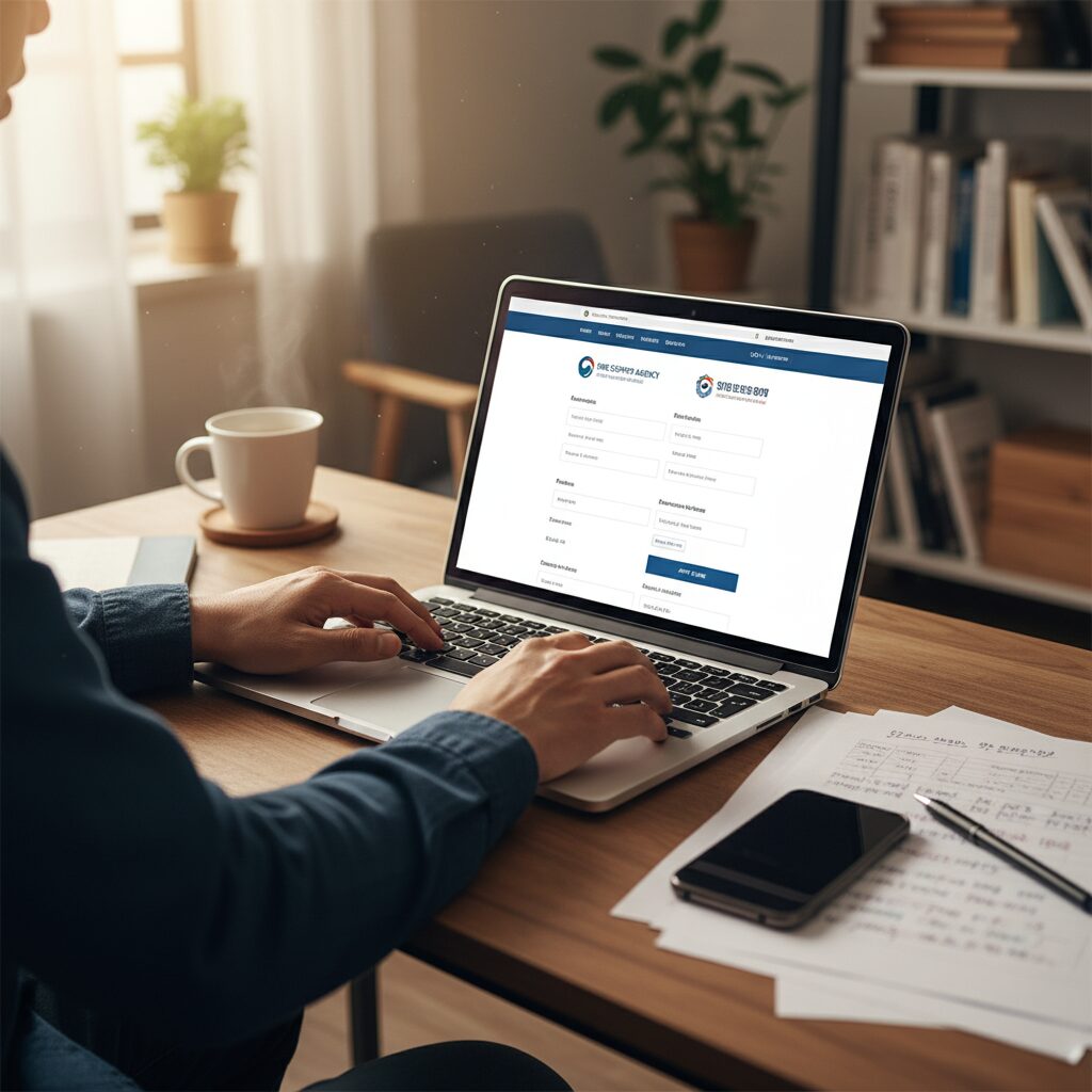 노트북으로 소상공인 정책자금 온라인 신청을 하는 손 모습