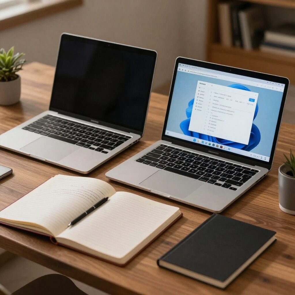 대학 입학선물로 인기 있는 노트북과 태블릿이 책상 위에 놓여 있는 모습