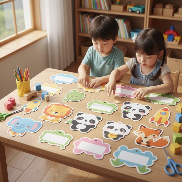 알록달록한 색상과 귀여운 동물 모양이 있는 다양한 유치원 이름표 도안 예시