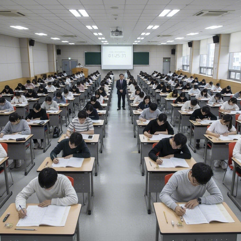공인회계사 1차 시험이 진행되는 대형 강의실 시험장 내부 모습, 책상과 의자가整齐하게 배치되어 있음