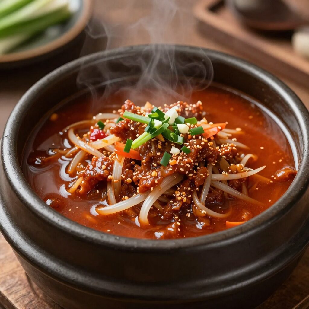 완성된 달래된장국 사진으로 봄동과 달래가 푸짐하게 들어간 된장국이 담긴 뚝배기