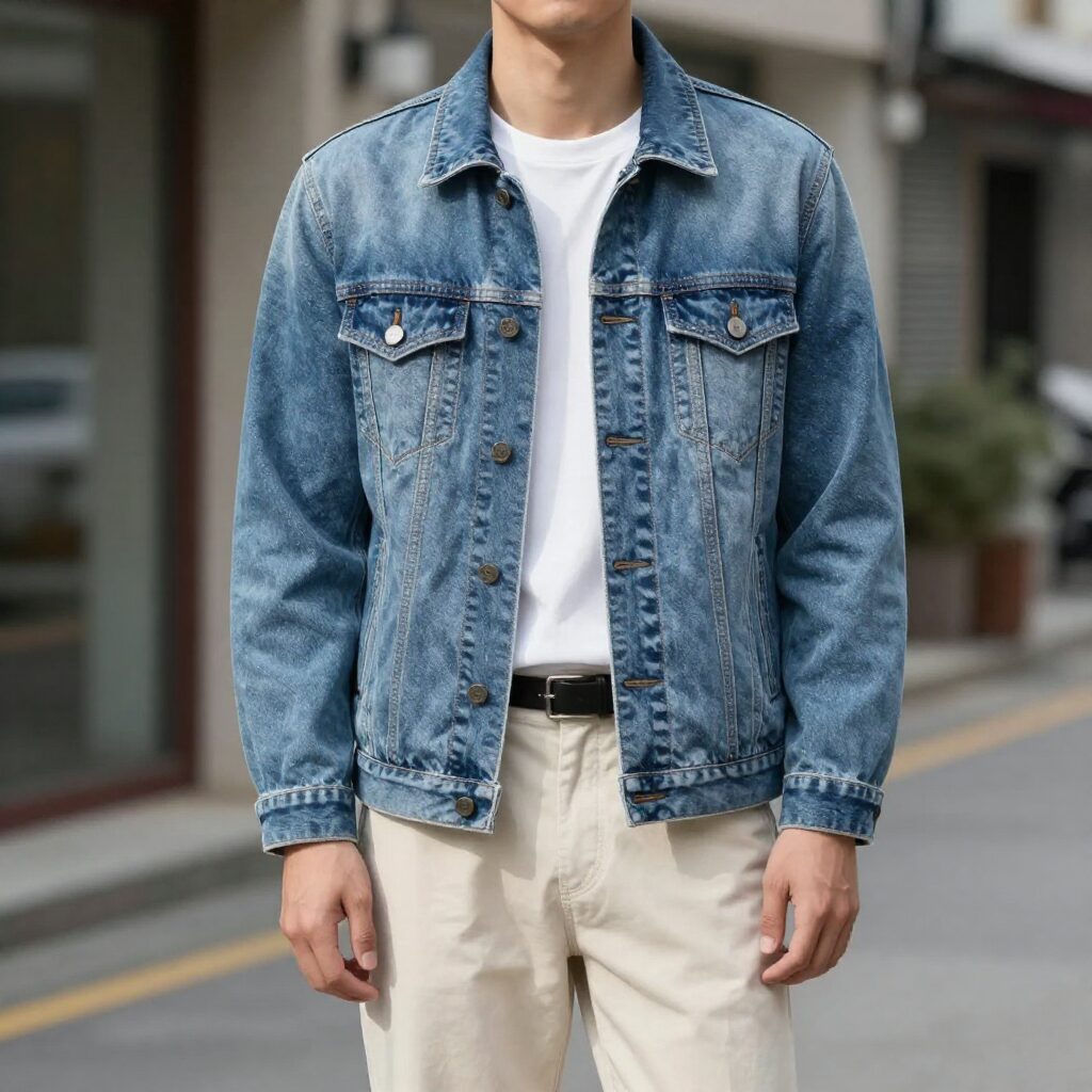 라이트 블루 데님 자켓과 크림색 팬츠를 매치한 캐주얼한 남성 스타일링