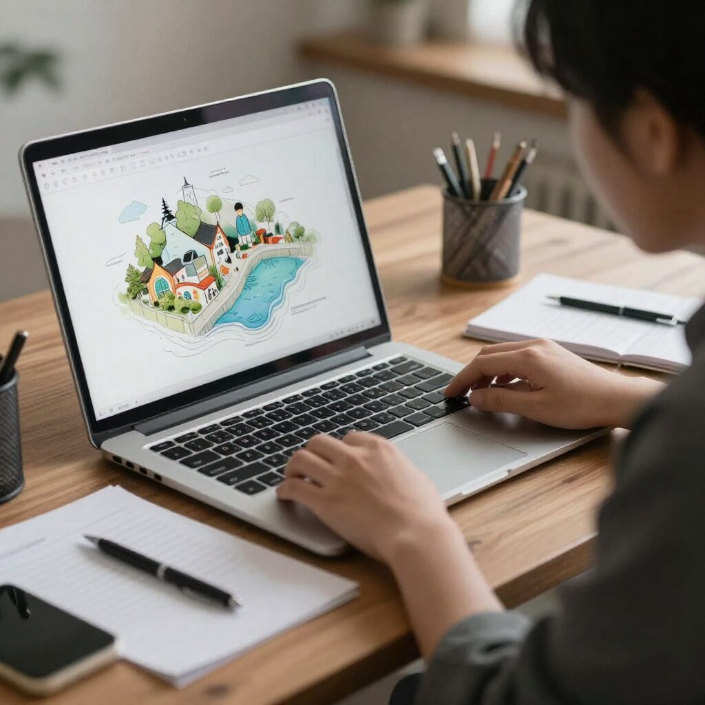 디자인 포트폴리오와 노트북이 놓인 작업 데스크