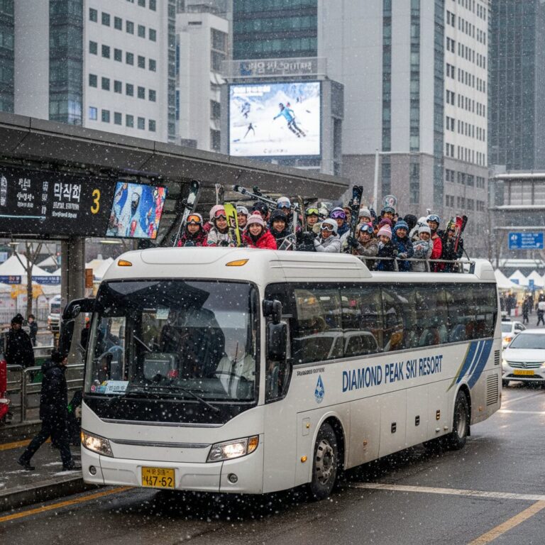 다이아몬드 픽 스키장 셔틀버스에 사람들이 가득 타고 있는 모습