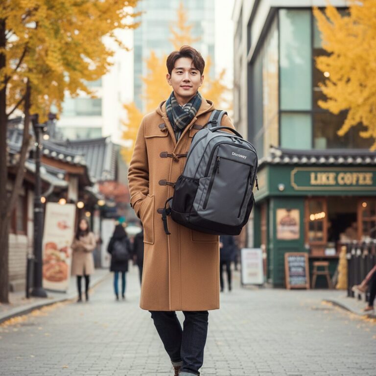 디스커버리 라이크에어 시프트 백팩을 더플코트와 함께 코디한 스타일 사진