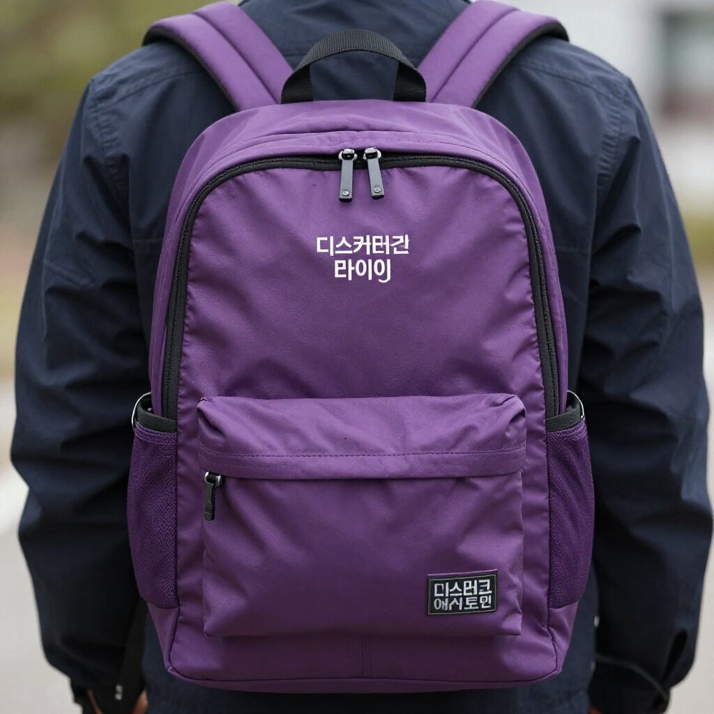 디스커버리 라이크 에어 로엔 백팩의 앞면 디테일, 보라색 PVC 원단과 장식