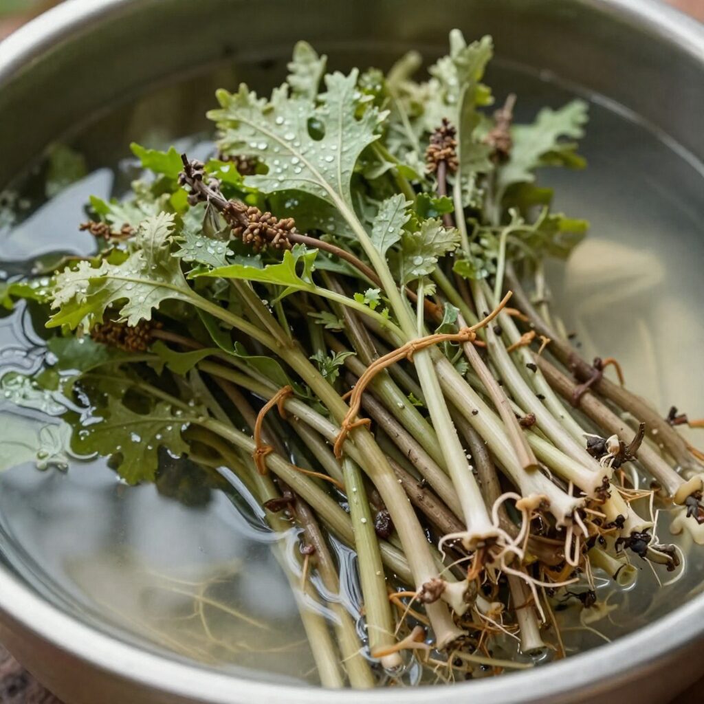 데쳐서 찬물에 담가 독성을 제거한 신선한 봄나물 원추리