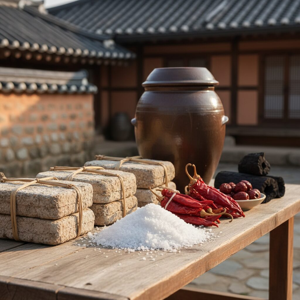 된장 담그기 준비물인 메주, 천일염, 항아리, 건고추, 대추, 참숯이 나란히 놓인 모습
