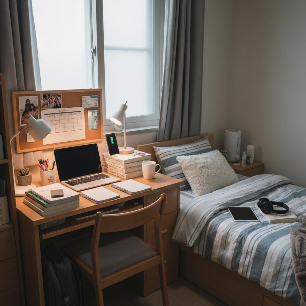 기숙사 책상과 침대에 필수템들이 정리되어 있는 모습