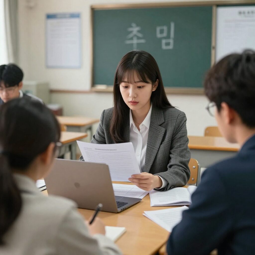 초임 교사가 알림장을 작성하며 학부모와 소통하는 모습