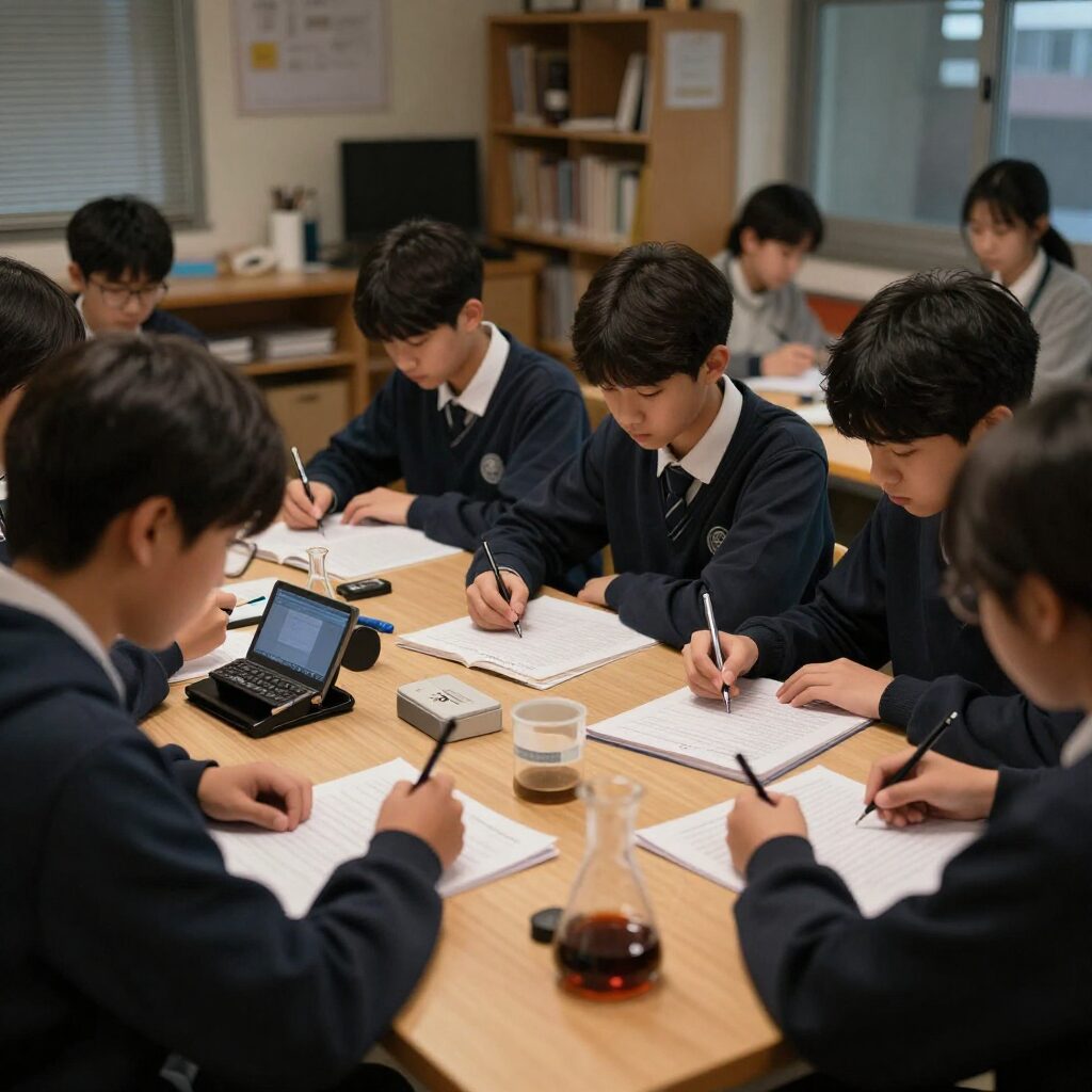 고등학생이 과학 개념을 정리하며 공부하는 모습