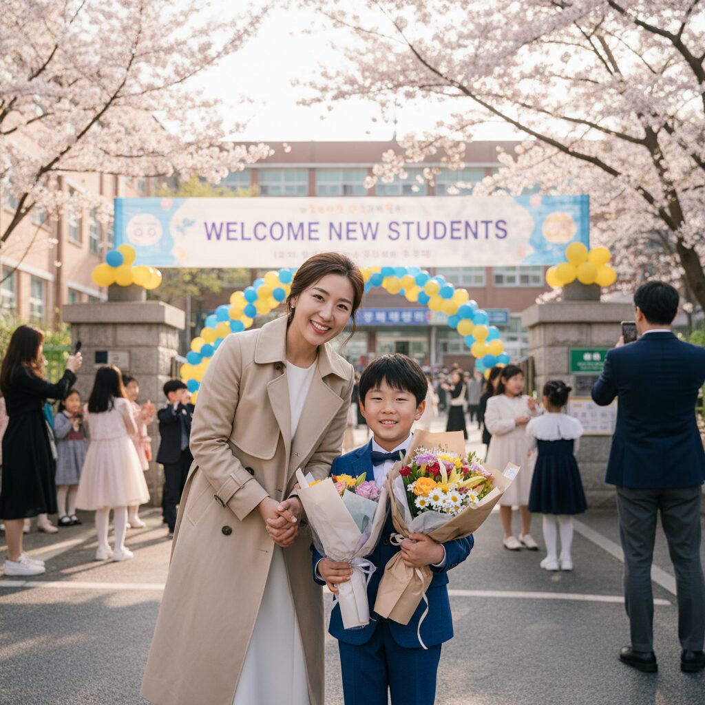 초등학교 입학식에서 아이와 함께 꽃다발을 들고 포즈를 취한 사진
