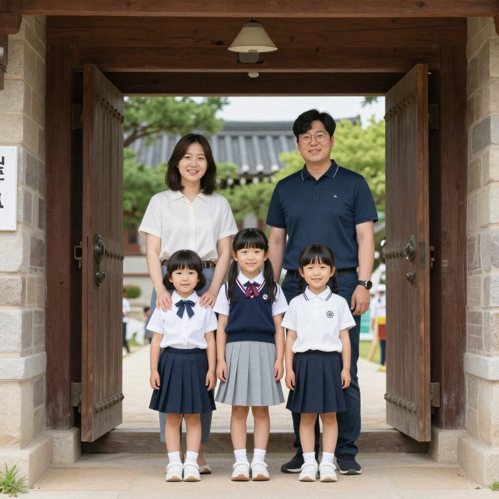초등학교 입학식 날 교문 앞에서 부모와 아이가 함께 서서 미소 짓고 있는 모습