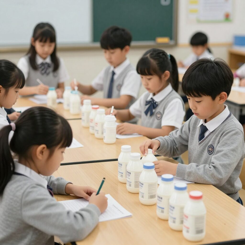 교실에서 우유곽을 정리하는 초등학생들