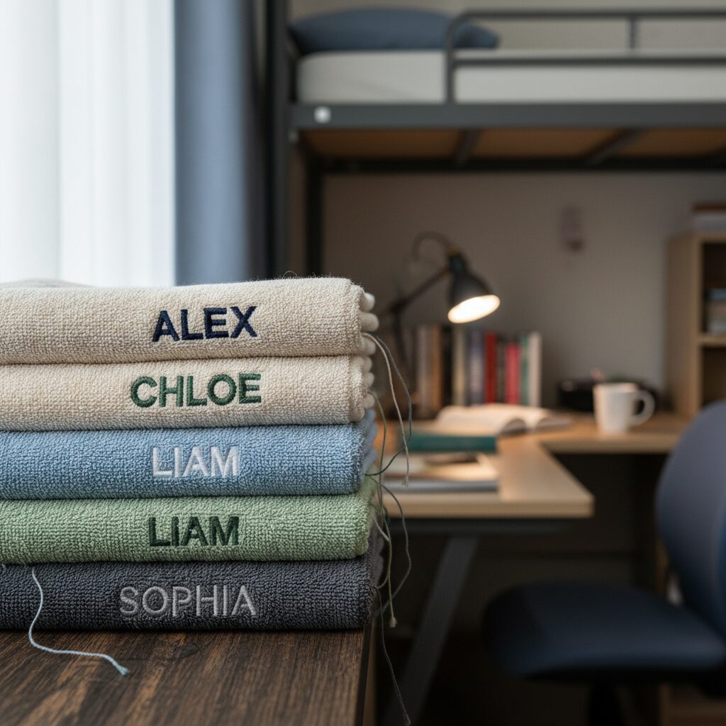 기숙사에서 사용하기 좋은 이름이 자수된 수건 여러 장이 포개져 있는 모습