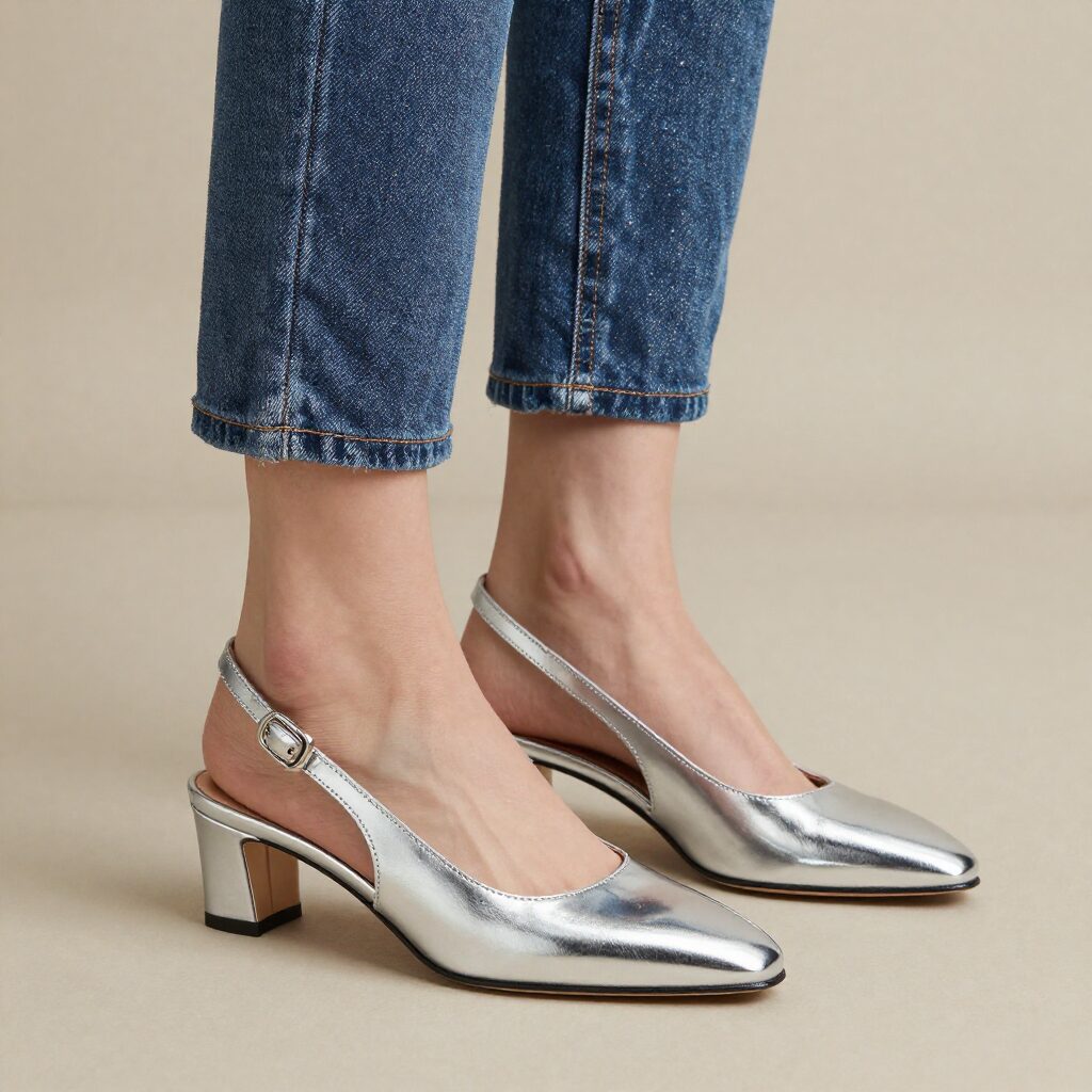 실버 컬러 에나멜 슬링백 힐을 신고 스트레이트 청바지와 함께 한 여성의 발 모습