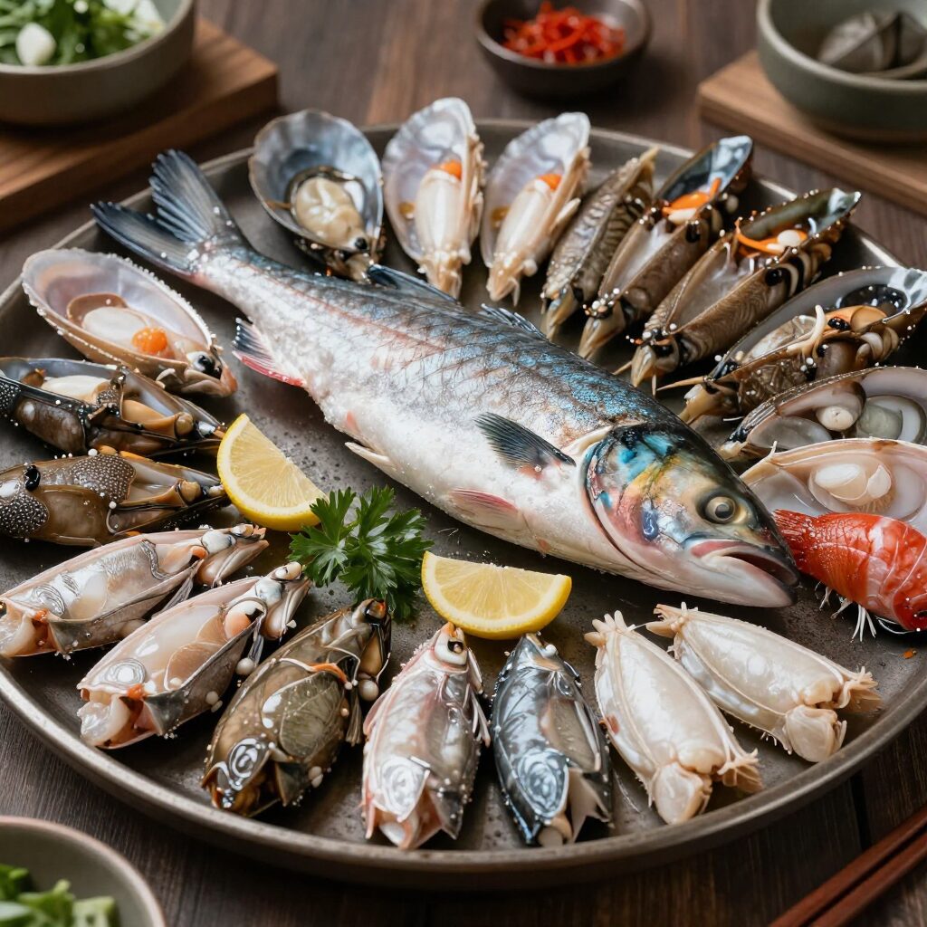 푸짐하게 차려진 도다리회와 다양한 해산물 요리