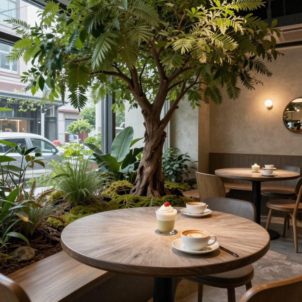 부산 생강나무 카페의 다양한 빙수가 놓인 테이블