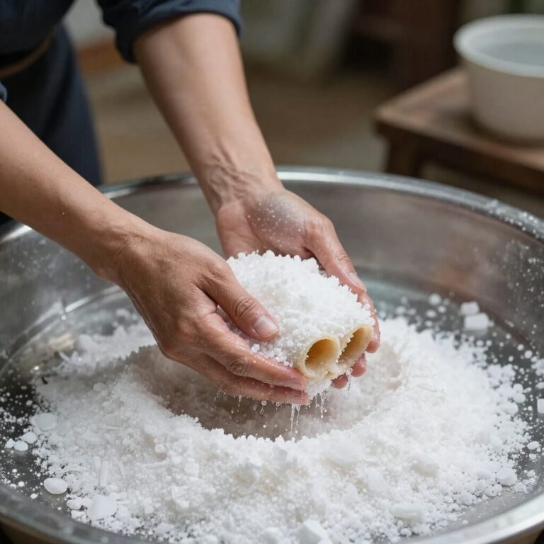 굵은소금으로 곰피를 문지르며 세척하는 모습