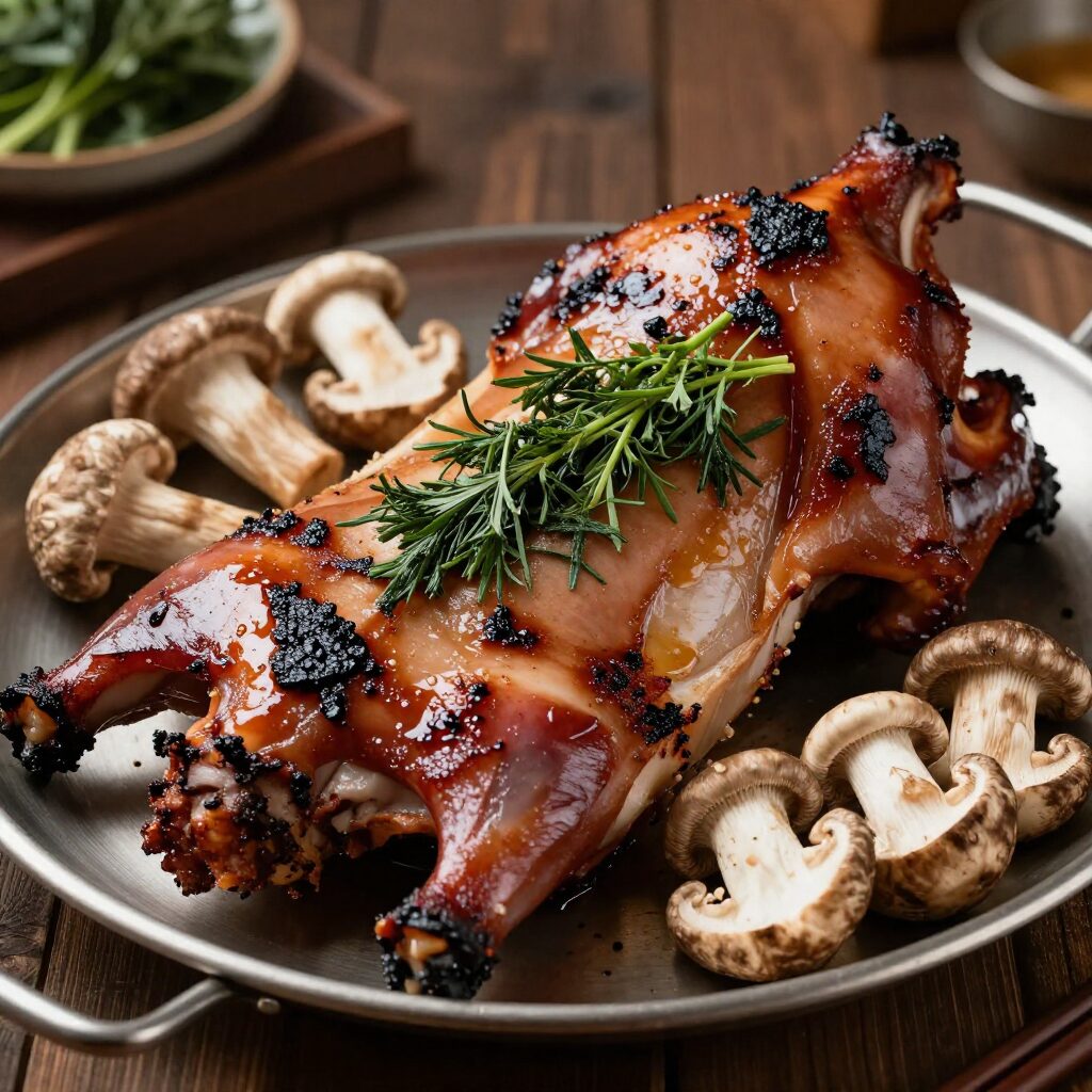 구워진 흑돼지 삼겹살과 미나리 표고버섯이 담긴 테이블