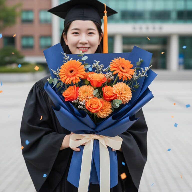 강렬한 파란색 포장지와 주황색 꽃들로 만든 트렌디한 졸업식 꽃다발