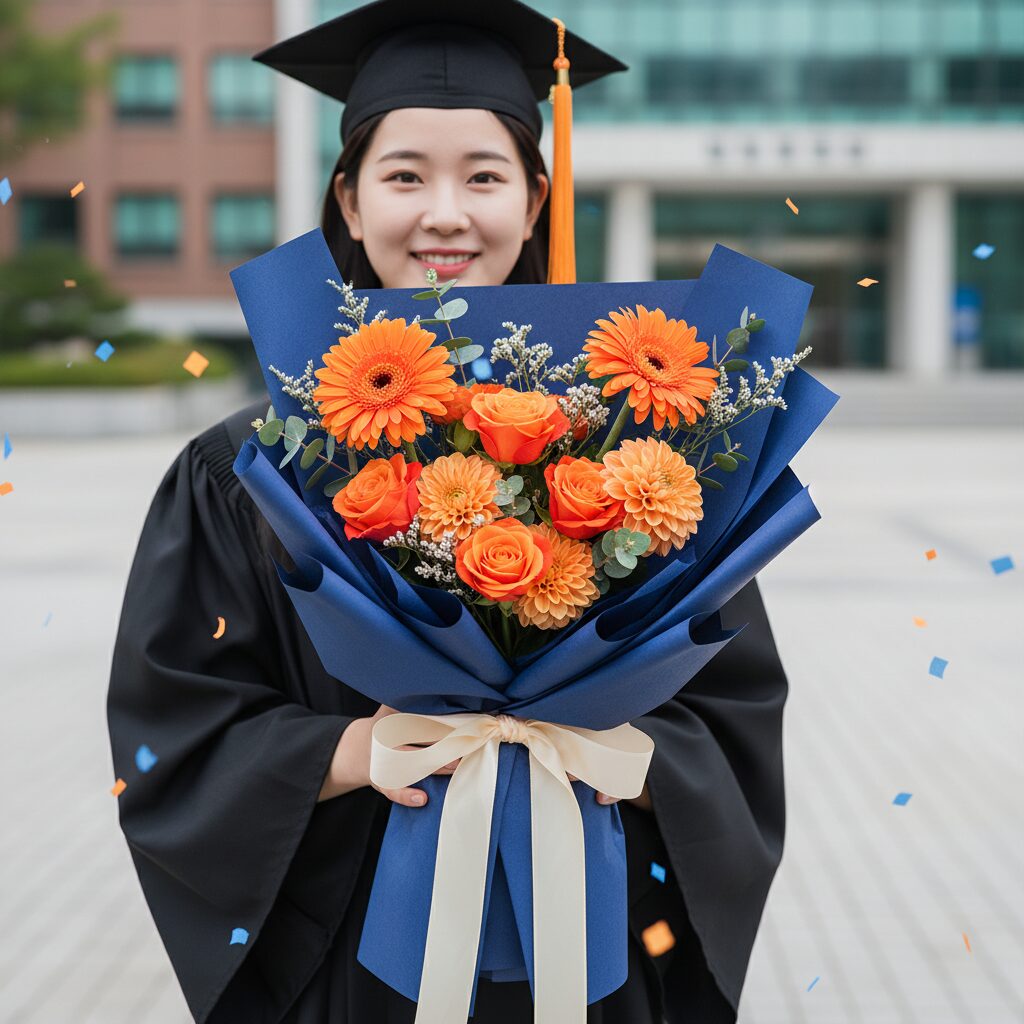 강렬한 파란색 포장지와 주황색 꽃들로 만든 트렌디한 졸업식 꽃다발
