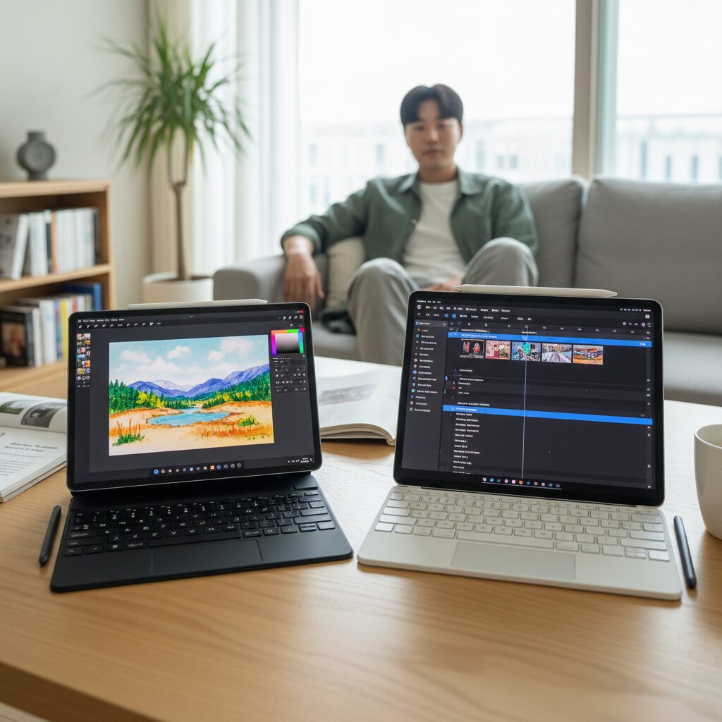 갤럭시탭과 아이패드를 나란히 놓고 비교한 모습