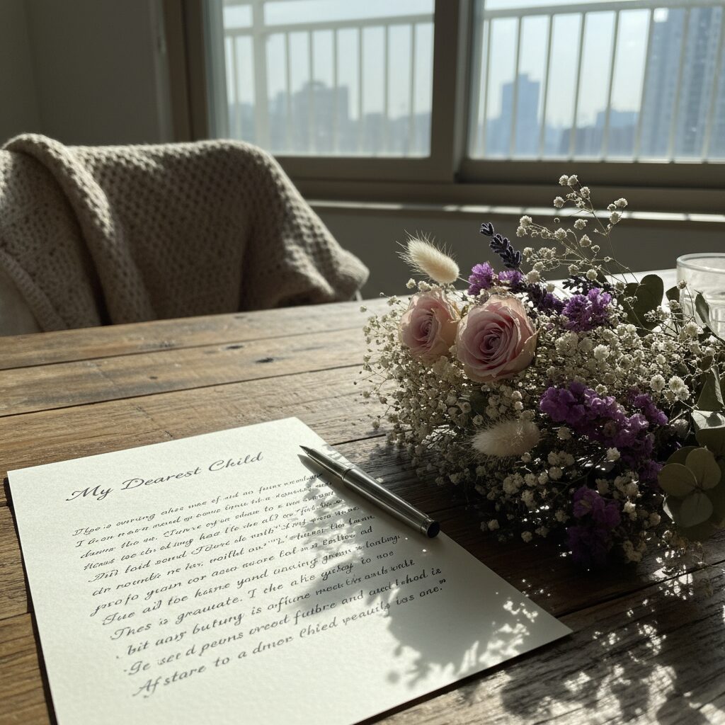 아이에게 전하는 손글씨 졸업 편지와 드라이플라워가 놓인 테이블