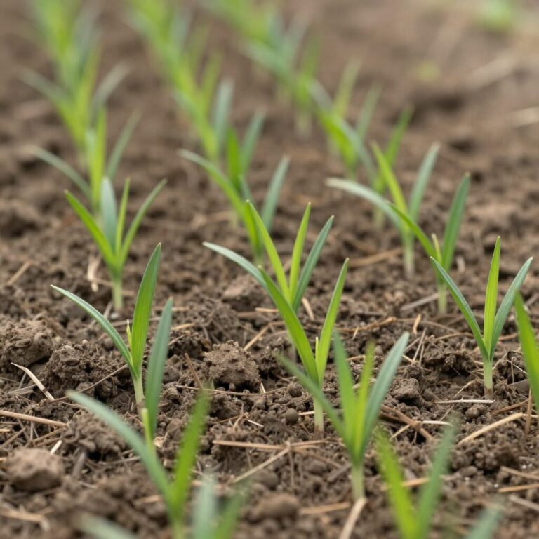 텃밭에 줄을 지어 뿌려진 대파 씨앗과 초록색 싹