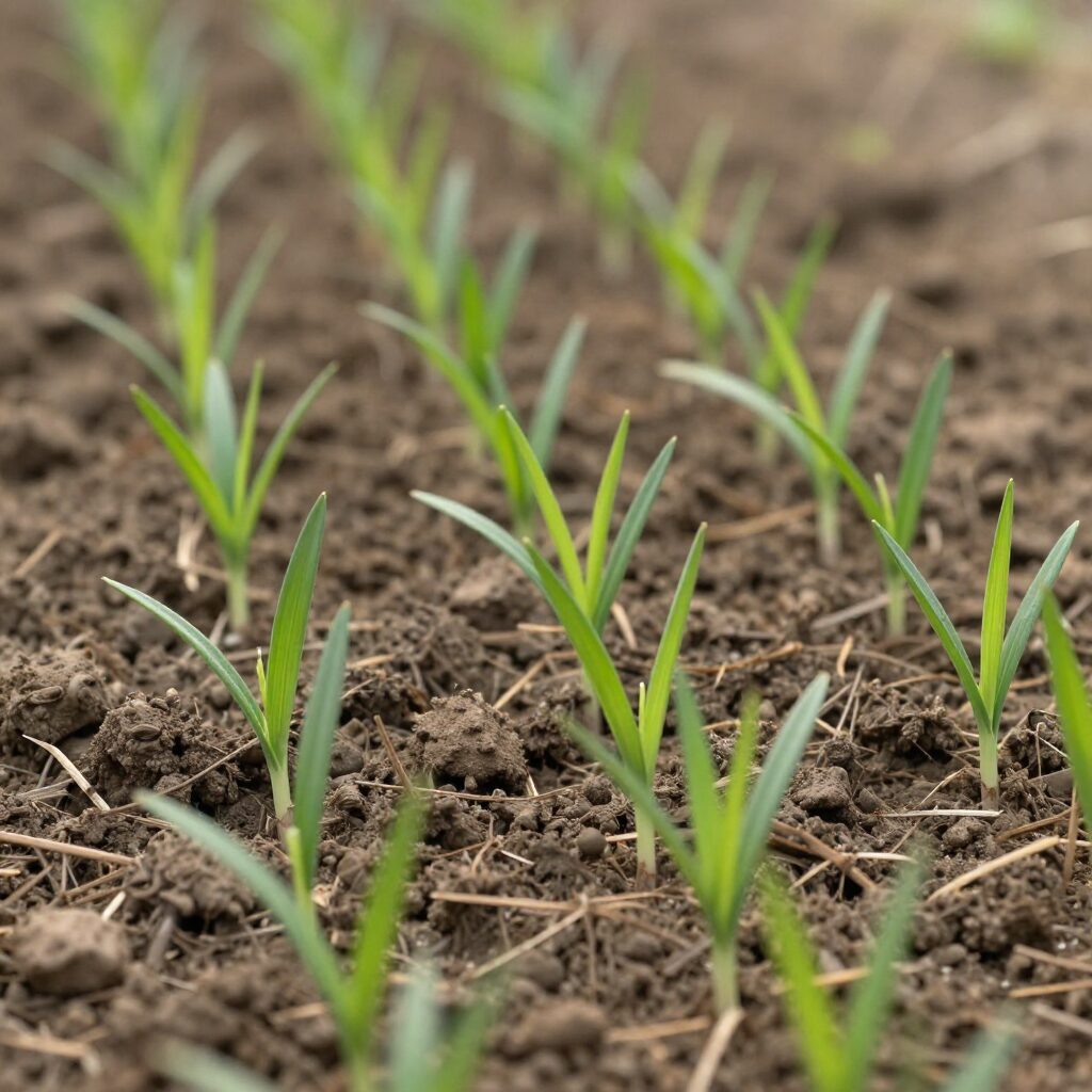 텃밭에 줄을 지어 뿌려진 대파 씨앗과 초록색 싹