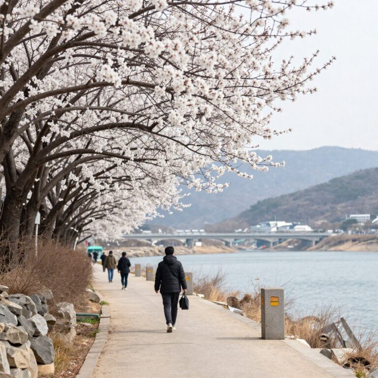 광양 매화마을의 하얀 매화꽃이 만발한 산책로와 배경의 섬진강 풍경