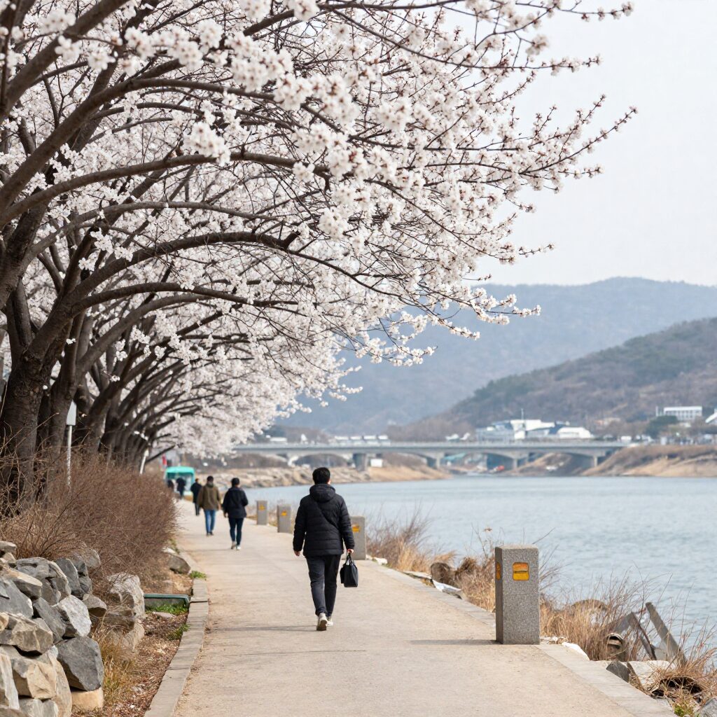 광양 매화마을의 하얀 매화꽃이 만발한 산책로와 배경의 섬진강 풍경