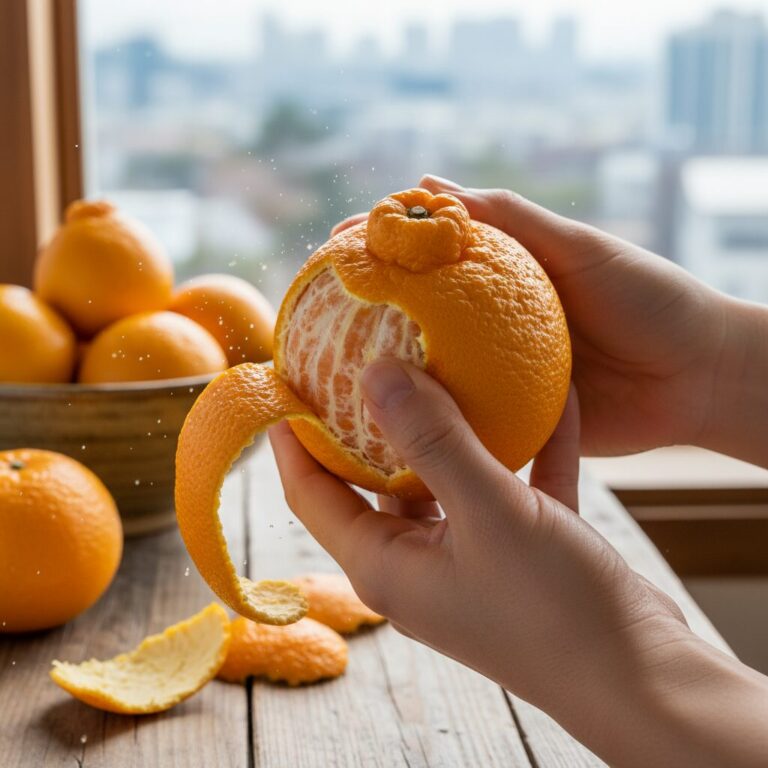 한라봉 껍질을 손가락으로 쉽게 까는 과정 사진