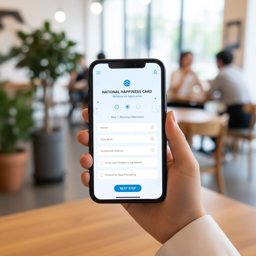 스마트폰 화면에 표시된 국민행복카드 재발급 신청 화면