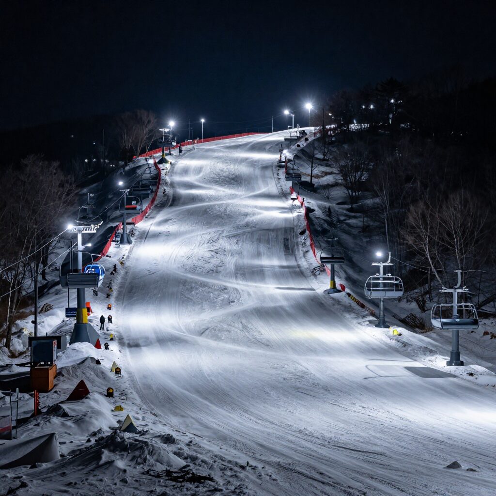하이원 스키장 야간에 빛나는 슬로프와 리프트