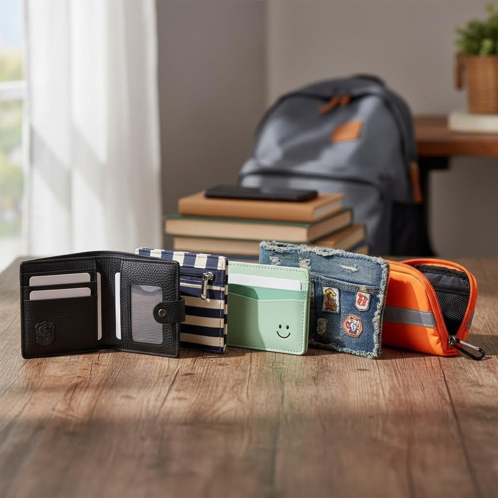 고등학생을 위해 추천하는 다양한 스타일의 지갑들이 나란히 놓여 있는 사진