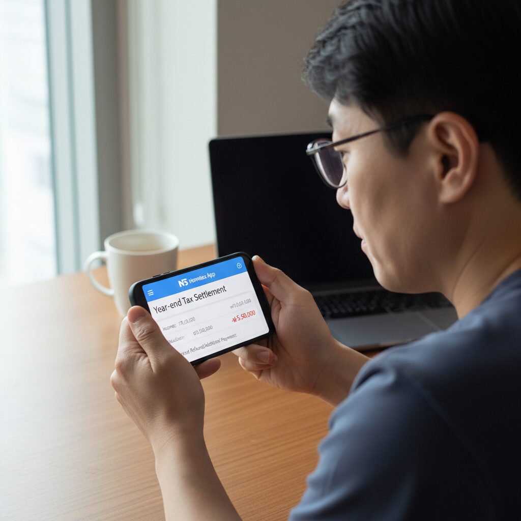 모바일에서 국세청 홈택스 앱을 통해 연말정산 예상세액을 확인하는 모습