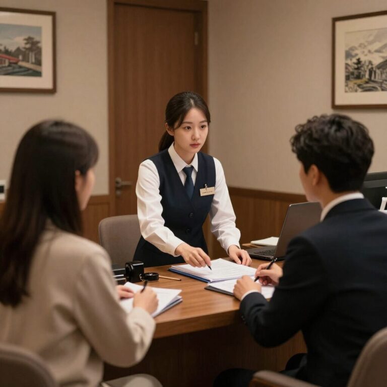 호텔 프론트데스크에서 직원이 고객과 상담하는 모습