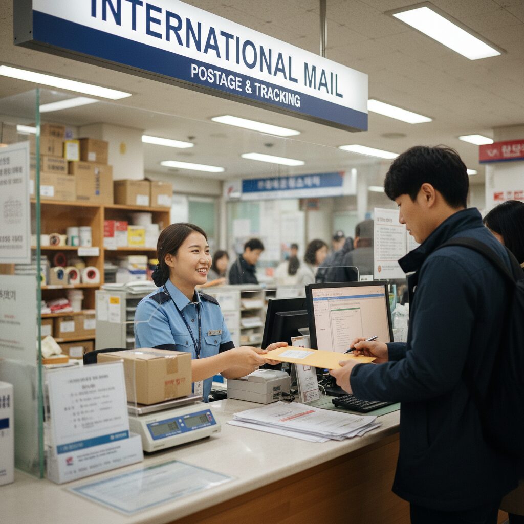 우체국 국제우편 접수 창구에서 직원이 편지를 받는 모습