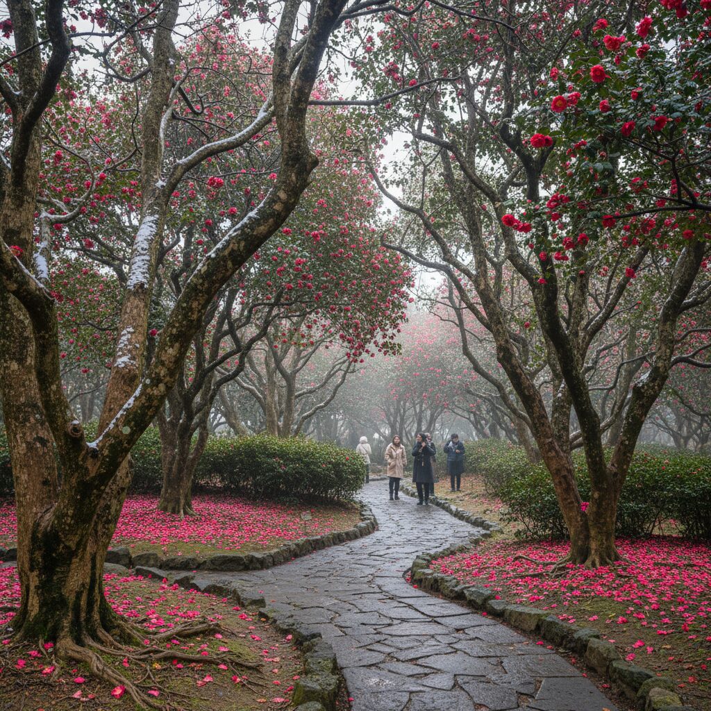 겨울 제주 동백수목원에 핀 빨간 동백꽃과 오래된 나무들