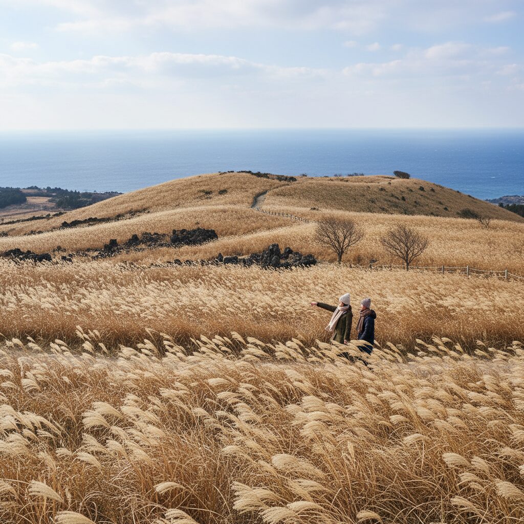 2월 겨울 제주도 새별오름 억새풀과 탁 트인 풍경