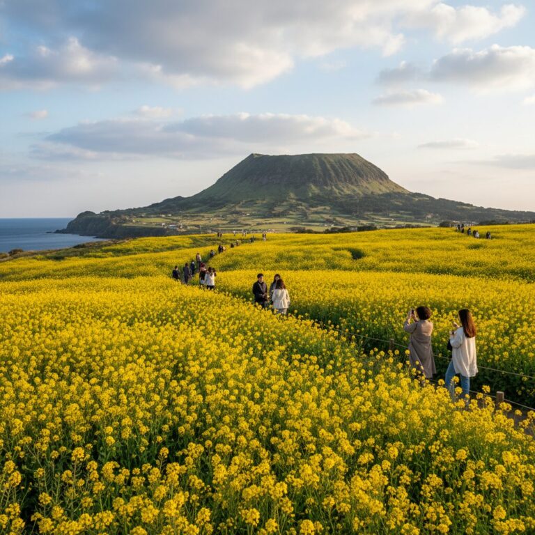 성산일출봉을 배경으로 노란 유채꽃밭이 펼쳐진 풍경