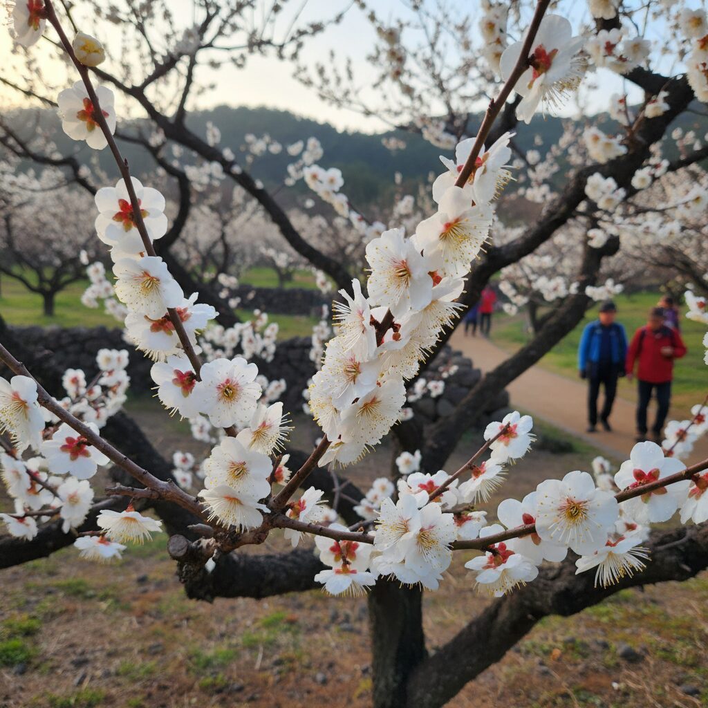 제주도 휴애리 자연생활공원에 핀 흰색 매화꽃