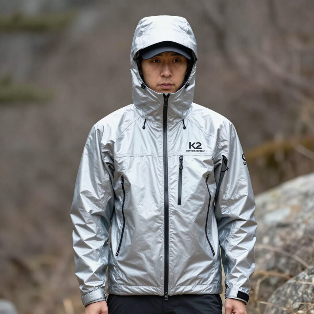 K2 알파인 익스퍼트 고어텍스 2L 방수 자켓 실버색 후드 달린 모습