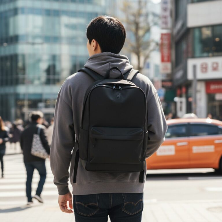 깔끔한 디자인의 검정색 캉골 백팩을 등에 멘 모습