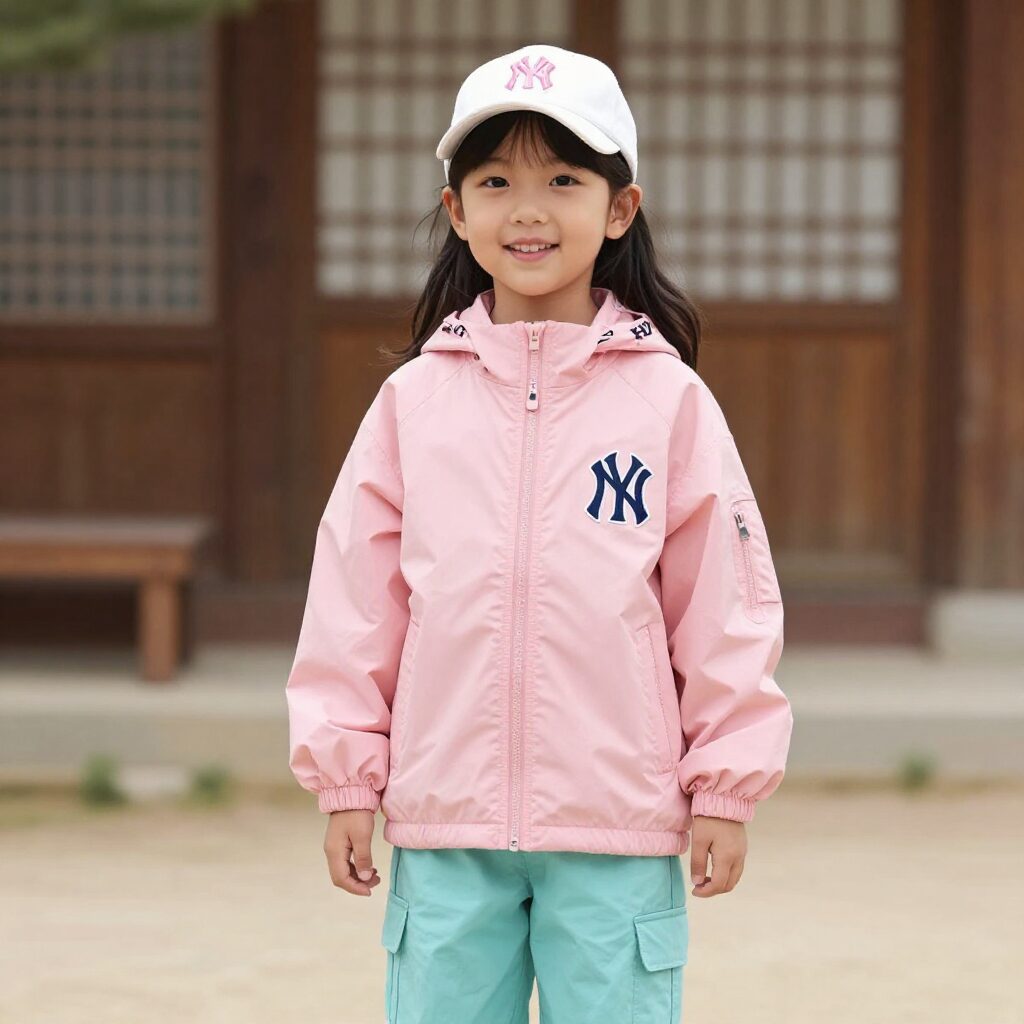 MLB 키즈 핑크 컬러 바시티 자켓을 입은 아이가 밝은 파스텔 톤 청바지와 함께 스마일하며 포즈를 취하고 있다