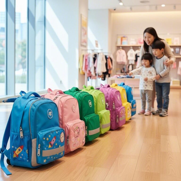 여러 브랜드의 초등학생 백팩이 나란히 놓여 있는 모습